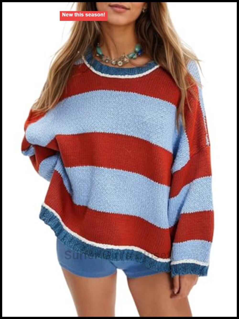Oversized Striped Chunky Knit Crewneck Sweater Pullover